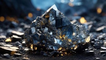 A cluster of dark, metallic tantalum-bearing crystals catching the light.