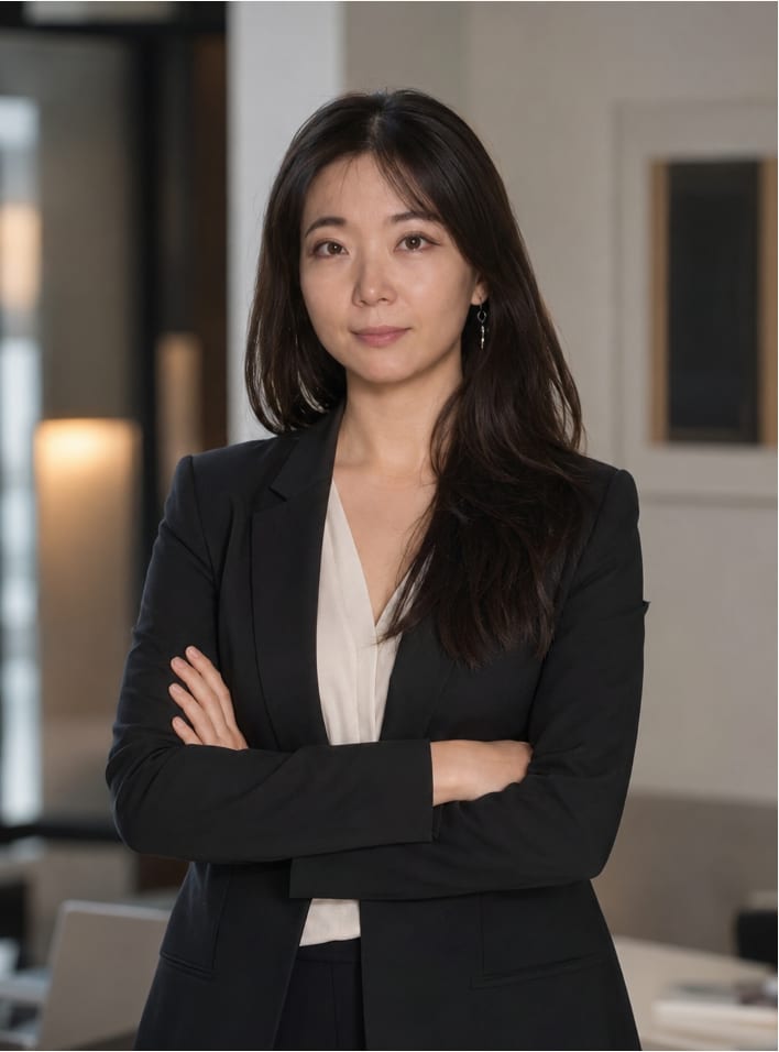 Michelle Feng, photographed in an office interior in a dark suit.