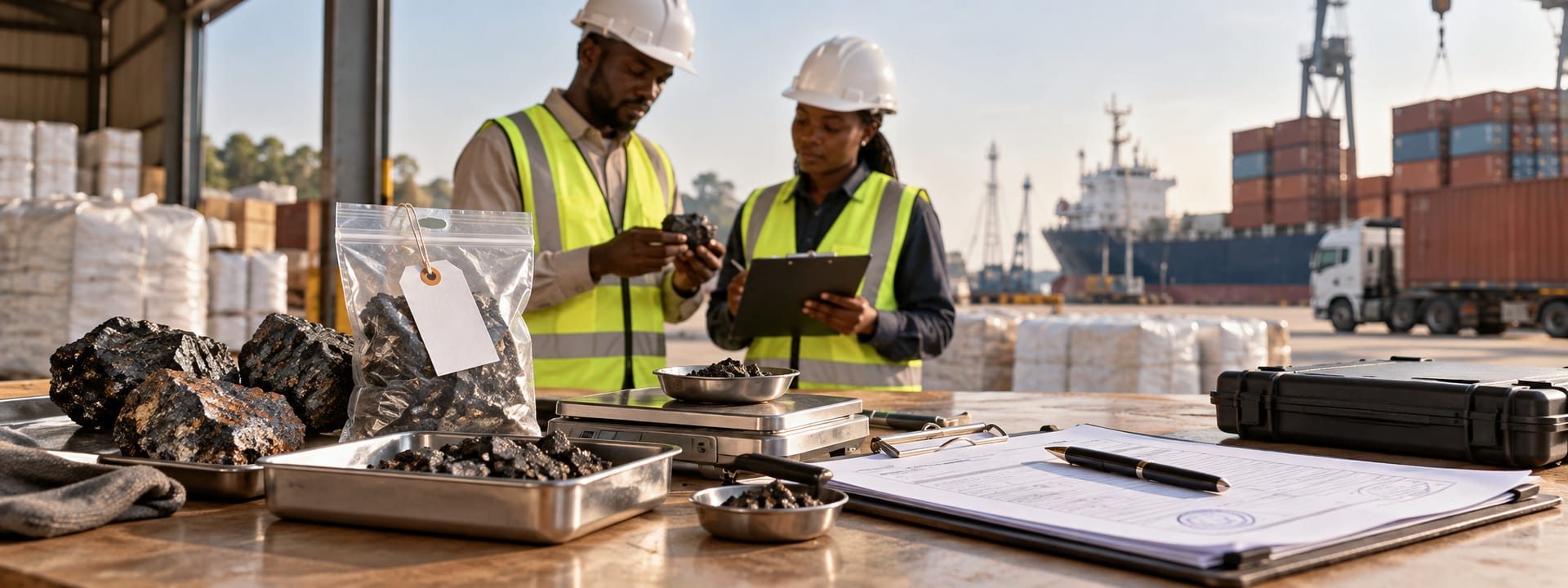 Mineral samples undergoing inspection, weighing and documentation before international shipment.
